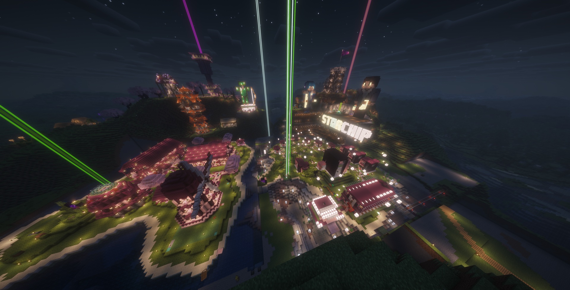Nighttime aerial view of StarchipMC's shared Survival world