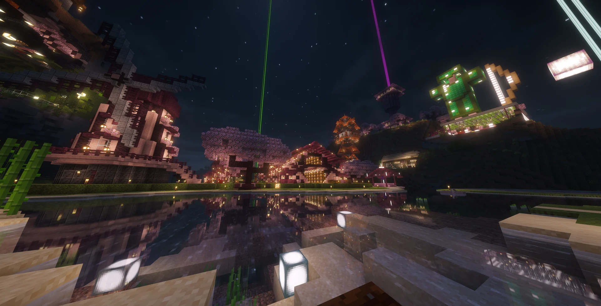 Cherry builds and the ChopsShop monument reflected across the water
