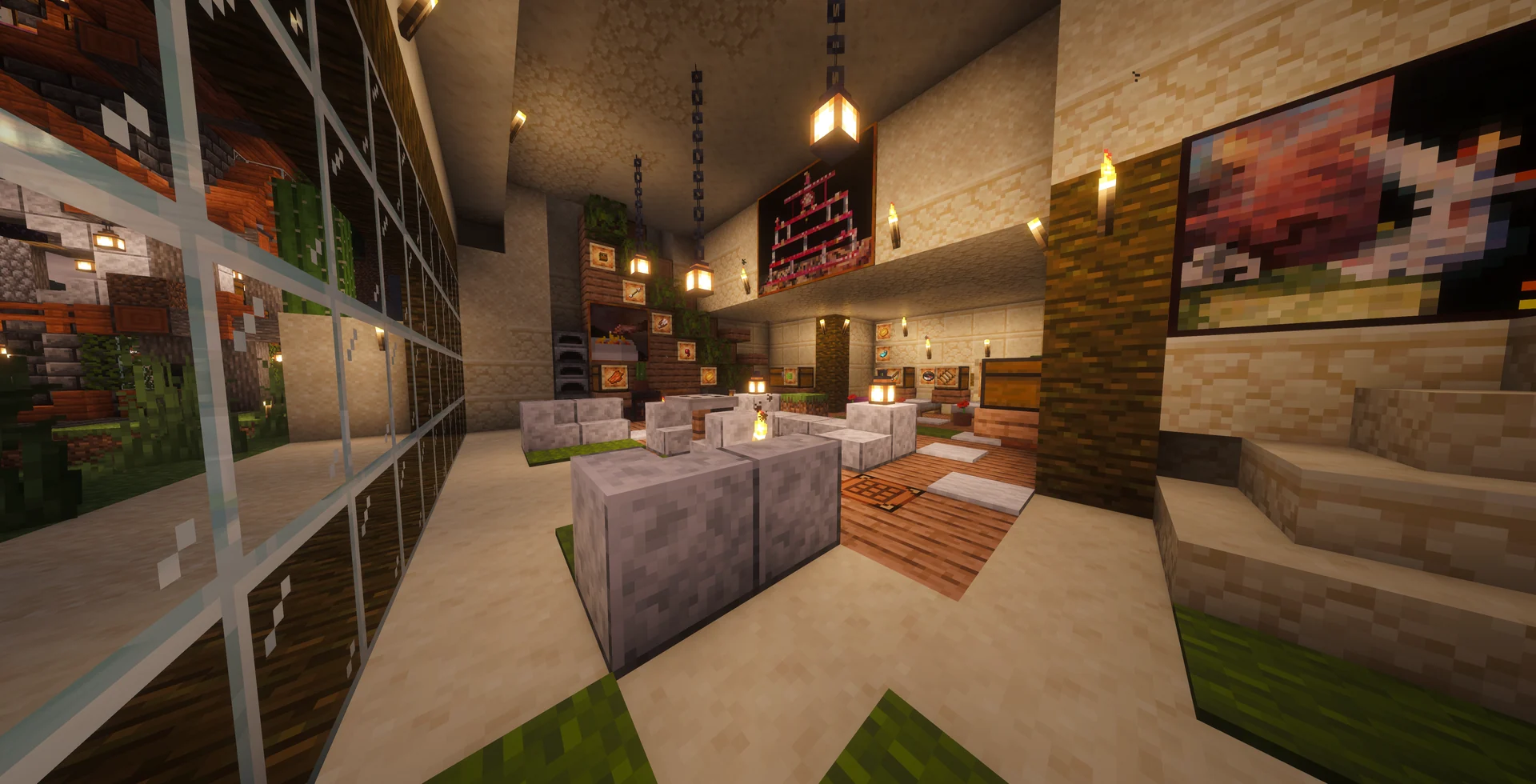 A warm Minecraft home interior with artwork and hanging lanterns
