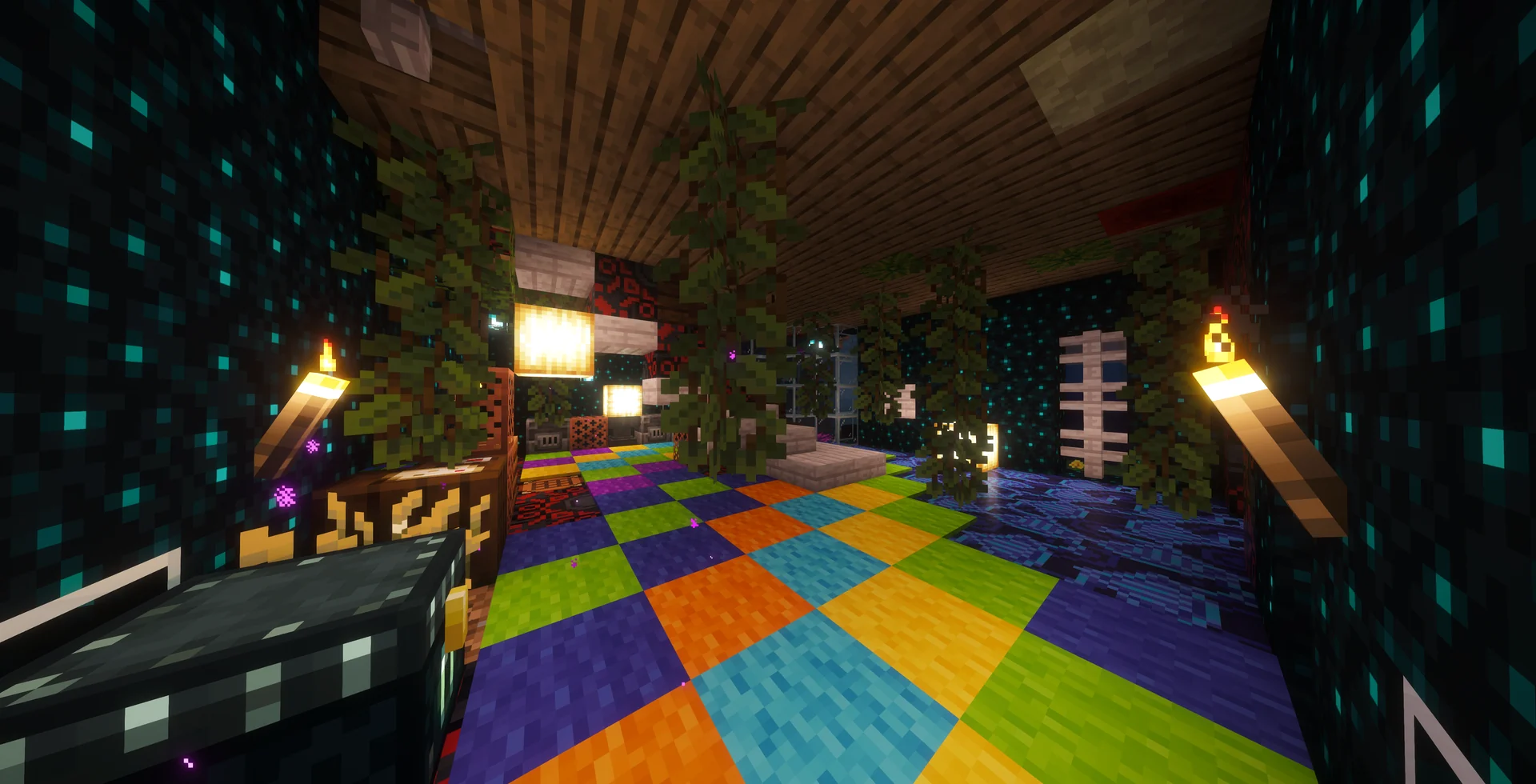 A colorful room built with sculk blocks, vines, and a checkerboard floor