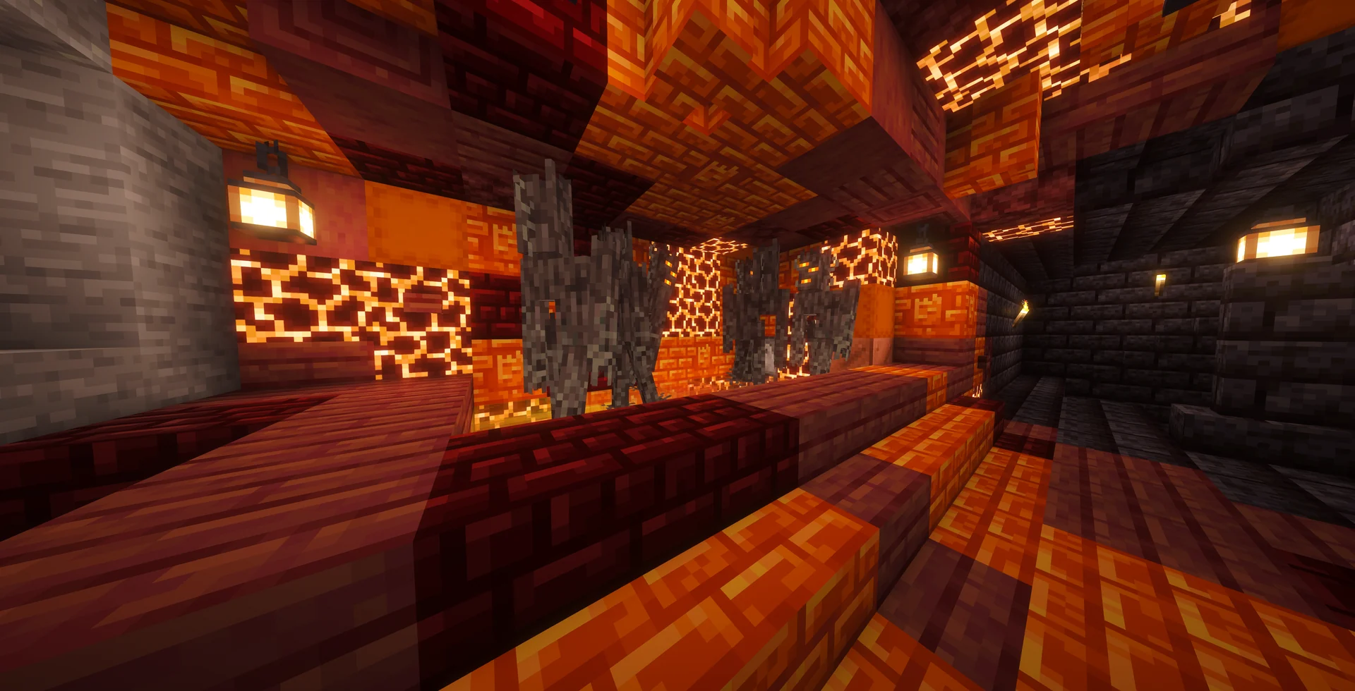 A firelit Minecraft Nether arena interior