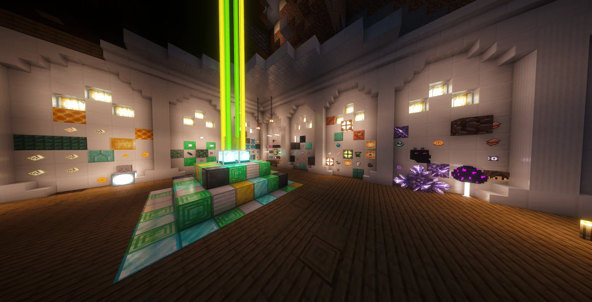A bright museum hall displaying Minecraft blocks and items