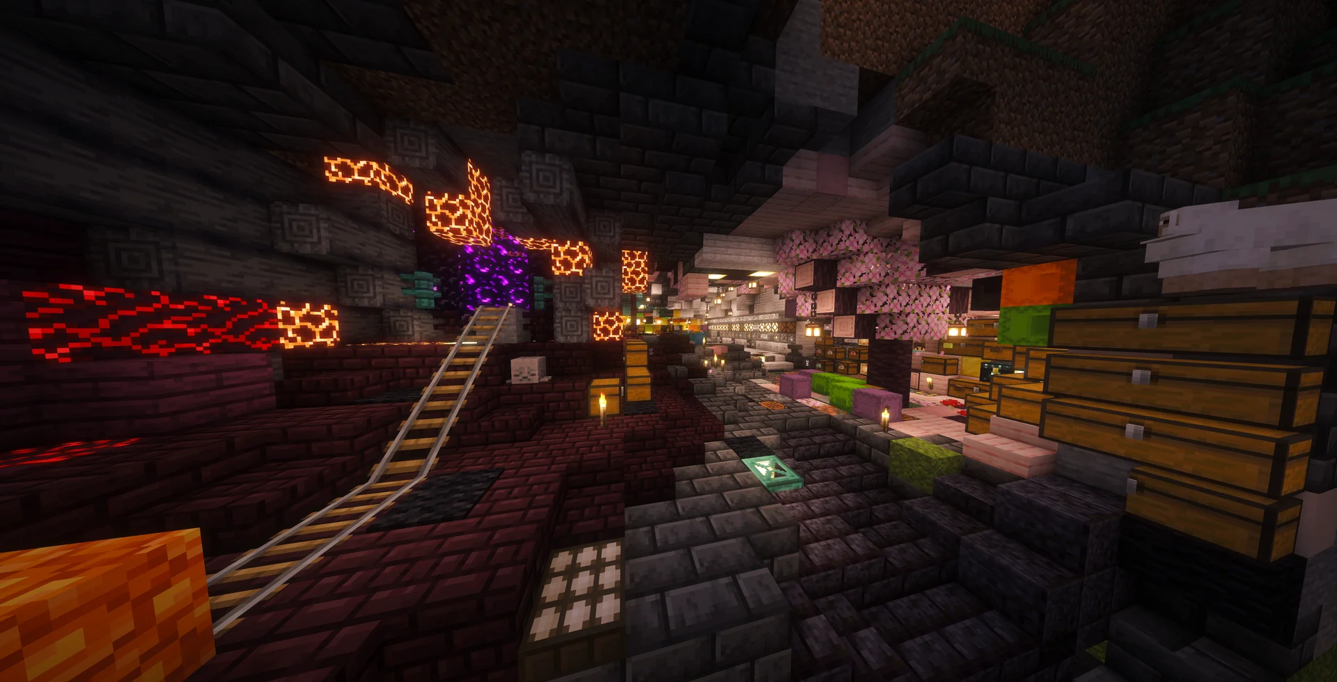 A Nether-themed workshop with rails, chests, and a glowing portal