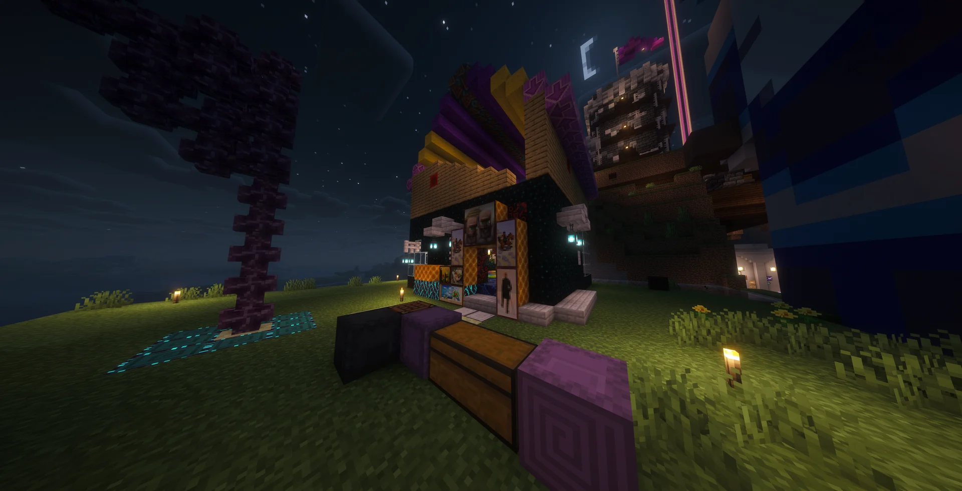 A compact sculk and honeycomb villager house at night