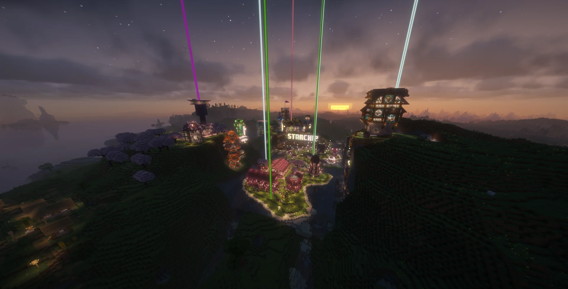 A wide sunrise view over the Starchip settlement and surrounding hills