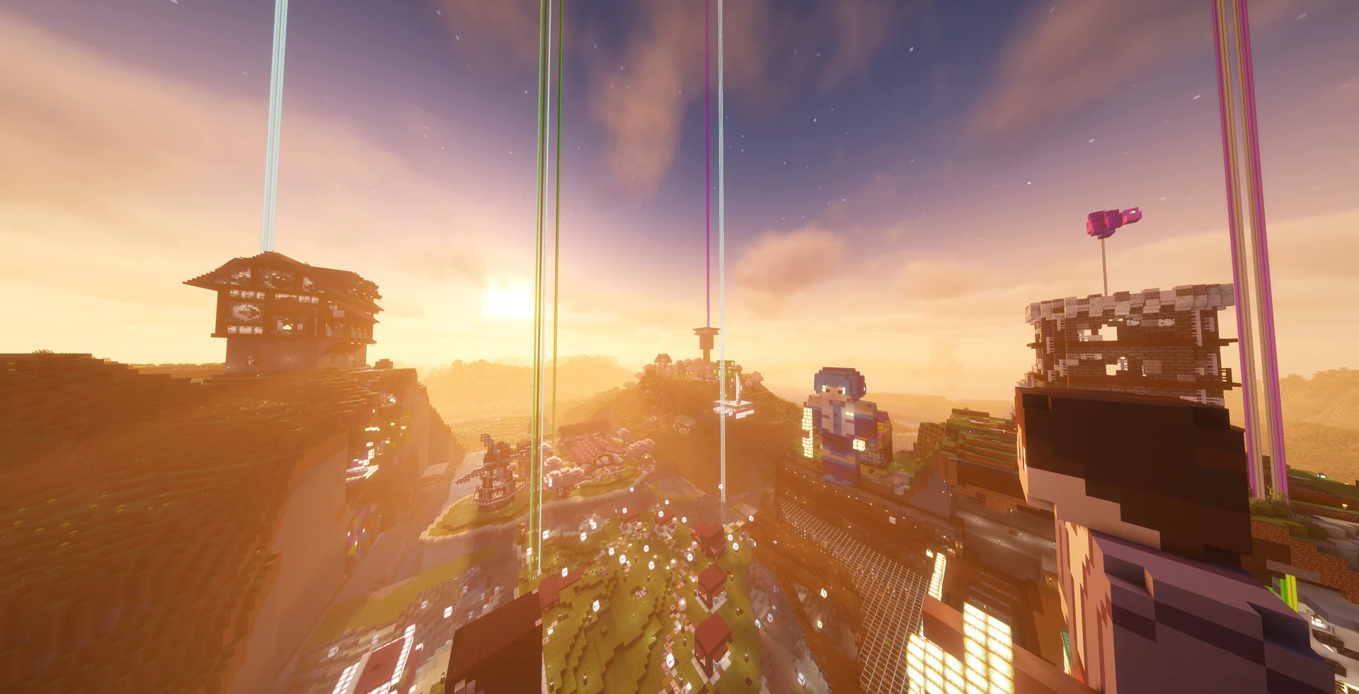 An elevated sunrise view across the Starchip statues and settlement